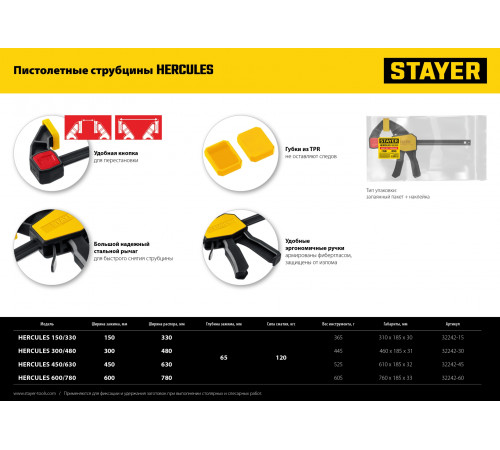 STAYER Hercules, 450/630 мм, пистолетная струбцина, Professional (32242-45)