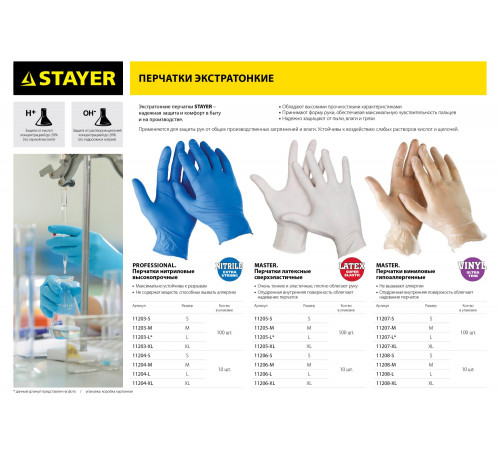 Перчатки STAYER ″PROFI″ нитриловые экстратонкие, S, 100шт