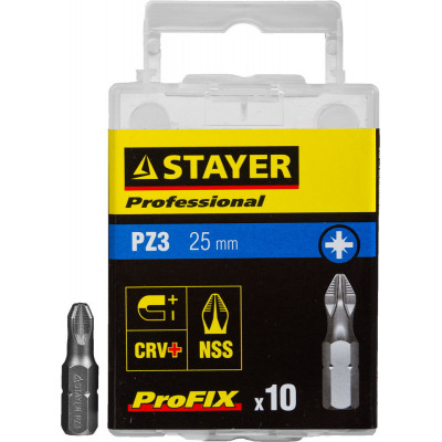 Биты STAYER ″PROFESSIONAL″ ProFix Pozidriv, тип хвостовика C 1/4″, № 3, L=25мм, 10шт