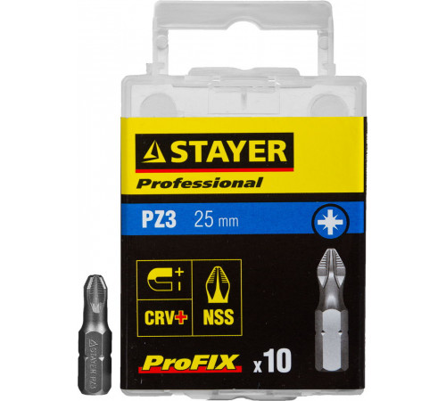 Биты STAYER ″PROFESSIONAL″ ProFix Pozidriv, тип хвостовика C 1/4″, № 3, L=25мм, 10шт