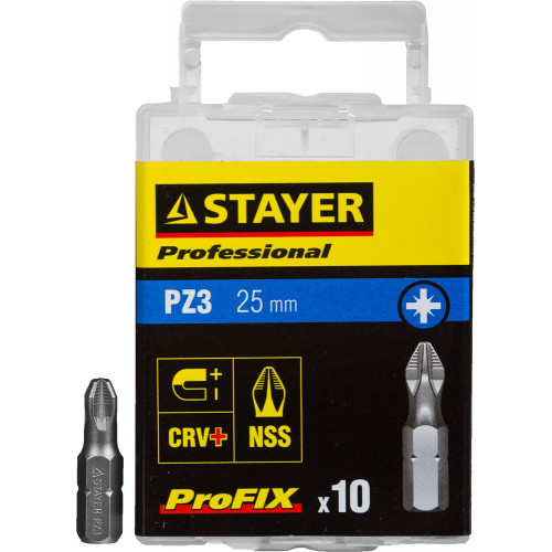 Биты STAYER ″PROFESSIONAL″ ProFix Pozidriv, тип хвостовика C 1/4″, № 3, L=25мм, 10шт