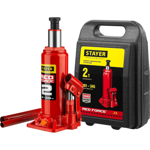STAYER RED FORCE 2т 181-345мм домкрат бутылочный гидравлический в кейсе