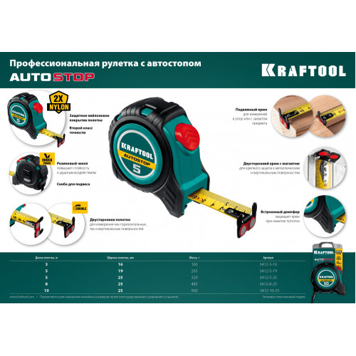 KRAFTOOL AutoStop 3м / 16мм профессиональная рулетка с автостопом