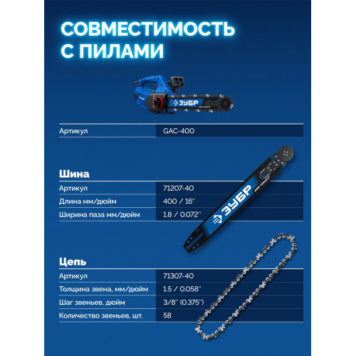 ЗУБР CONCUT тип 7, 40 см, шаг 3/8″, паз 1.8 мм, 58 звеньев, шина, Профессионал (71207-40)