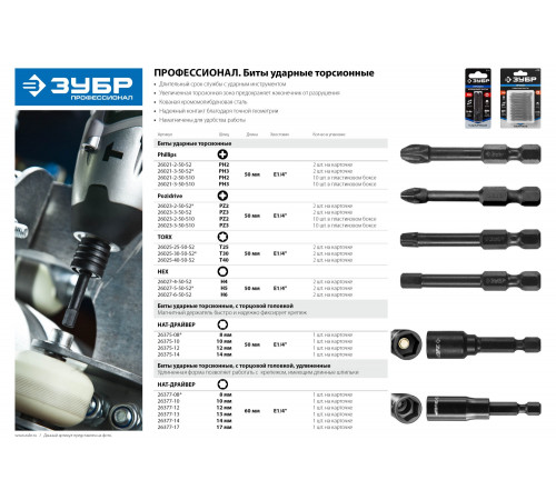 Биты ЗУБР ″ПРОФИ″ HEX4, тип хвостовика E 1/4″, 50мм, 2шт, на карточке