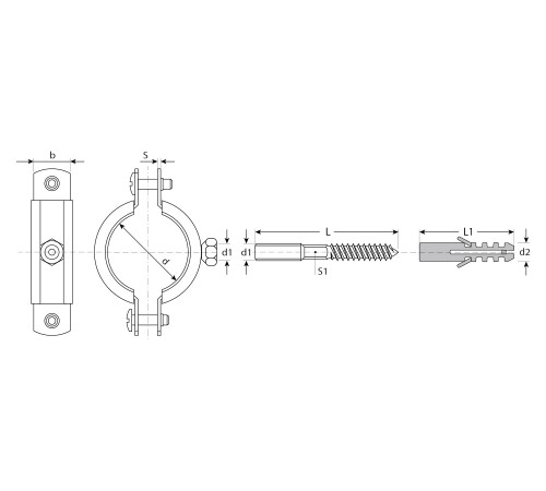 Хомут трубный с гайкой, оцинкованный, в комплекте с сантехнической шпилькой и дюбелем, 1″, 1шт, ЗУБР