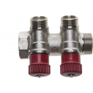 Коллектор GENERAL FITTINGS для горячей воды, вентили, никелированная латунь, вход 3/4″ - 2 выхода 1/2″