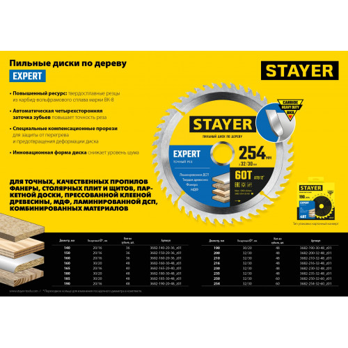 STAYER EXPERT 185 x 30/20мм 48Т, диск пильный по дереву, точный рез