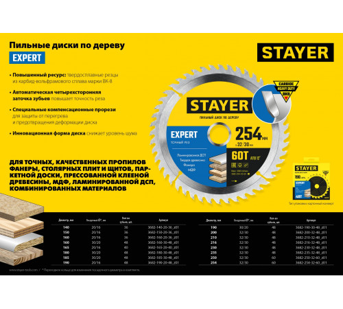 STAYER EXPERT 250 x 32/30мм 60Т, диск пильный по дереву, точный рез