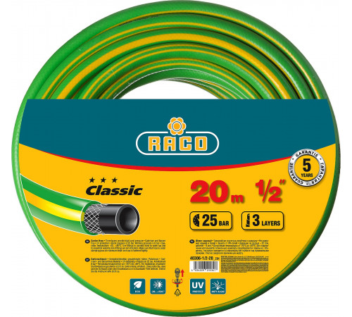 Поливочный шланг RACO CLASSIC 1/2″ 20 м 25 атм трёхслойный армированный