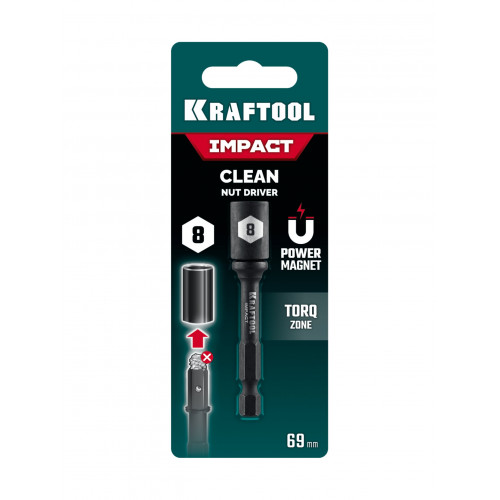 Бита KRAFTOOL Impact Pro ″Nut-driver″ с торцовой головкой, магнитная, L=69мм, хвостовик E 1/4″, 8мм, 1шт