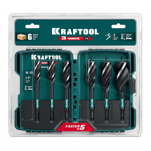 KRAFTOOL 3-Wave 6шт, набор, трехзаходные сверла по дереву с резьбовым центрующим острием (29513-H6)