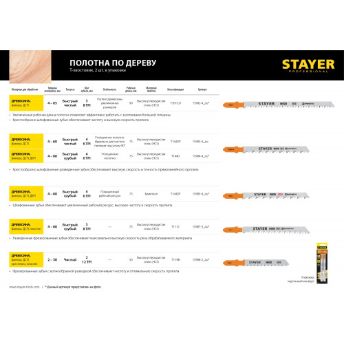 STAYER T144DP, полотна для эл/лобзика, HCS, по дереву, прямой рез, Т-хвостовик, шаг 4мм, 75мм, 2шт, STAYER Professional