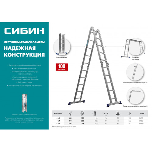 Четырехсекционная лестница-трансформер СИБИН, алюминиевая, 4x5 ступени, ЛТ-45