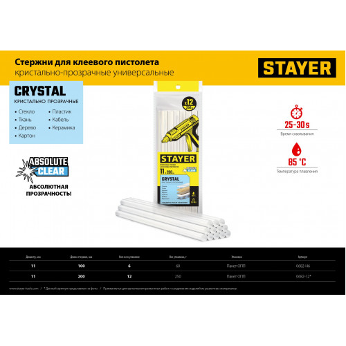 STAYER Cristal прозрачные универсальные клеевые стержни, d 11 мм х 200 мм 12 шт. 250 г.