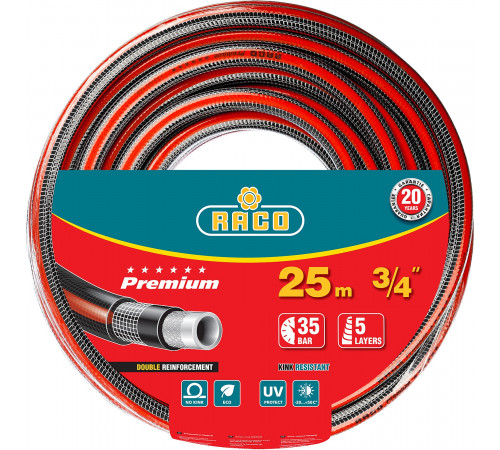 Поливочный шланг RACO PREMIUM 3/4″ 25 м 35 атм пятислойный усиленный двумя слоями армирования