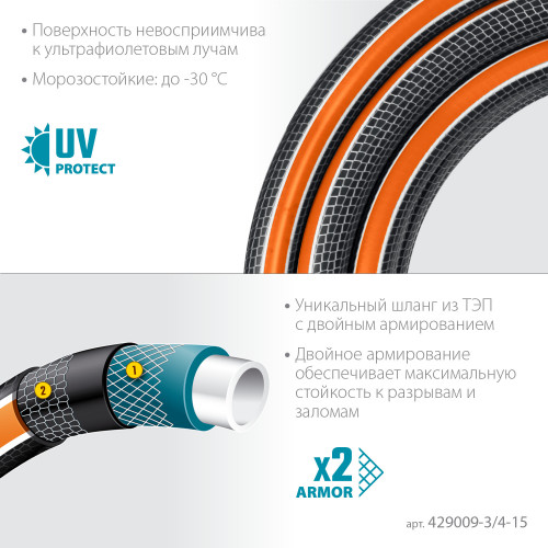 Поливочный шланг GRINDA PROLine ULTRA 6 3/4″ 15 м 25 атм шестислойный двойное армированиие