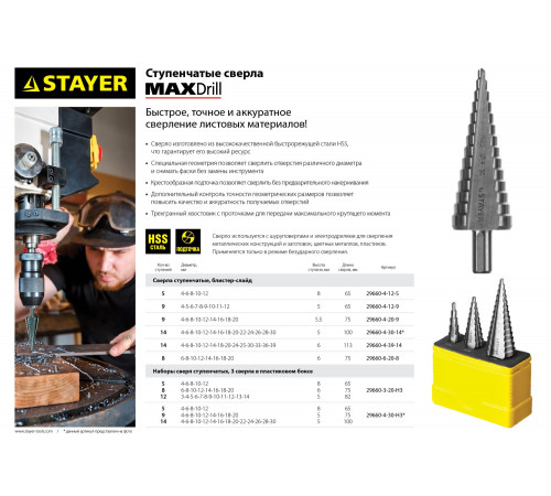 STAYER 4-12мм, 9 ступеней, сверло ступенчатое, сталь HSS