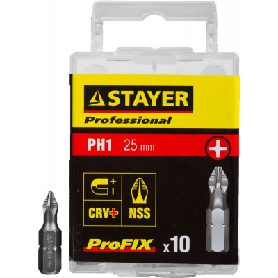 Биты STAYER ″PROFESSIONAL″ ProFix Phillips, тип хвостовика C 1/4″, № 1, L=25мм, 10шт