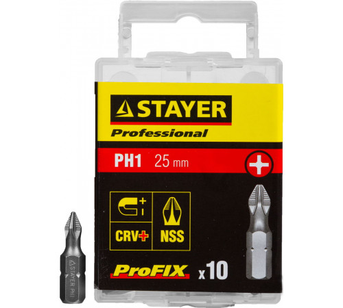 Биты STAYER ″PROFESSIONAL″ ProFix Phillips, тип хвостовика C 1/4″, № 1, L=25мм, 10шт