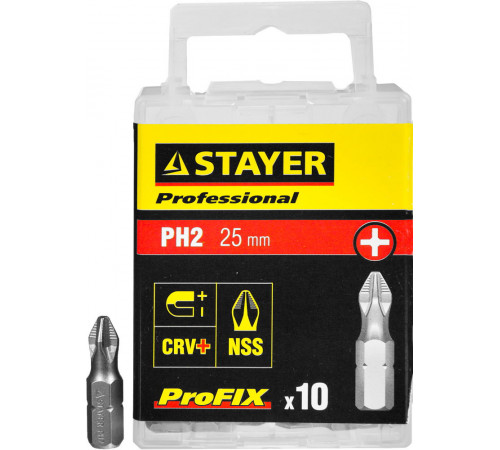 Биты STAYER ″PROFESSIONAL″ ProFix Phillips, тип хвостовика C 1/4″, № 2, L=25мм, 10шт