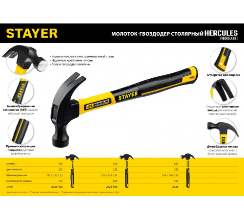 Молоток-гвоздодёр столярный с фиберглассовой рукояткой STAYER Hercules 450 г