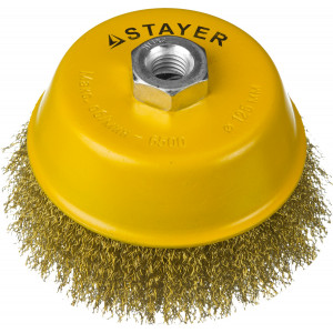 STAYER ″PROFESSIONAL″. Щетка чашечная для УШМ, витая стальная латунированная проволока 0,3мм, 125ммхМ14