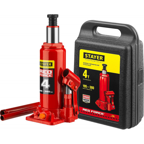 STAYER RED FORCE 4т 194-372мм домкрат бутылочный гидравлический в кейсе