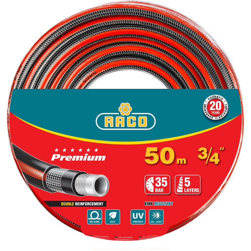 Поливочный шланг RACO PREMIUM 3/4″ 50 м 35 атм пятислойный усиленный двумя слоями армирования
