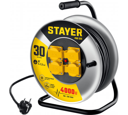 STAYER PRO 325 КГ 3х2.5 30м 4000Вт IP44, Силовой удлинитель на стальной катушке (55076-30)