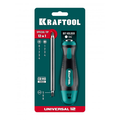 KRAFTOOL Universal-12, PH 0-1-2-3-4, PZ 1-2-3-4, SL 5, 6, 8 мм, 12-в-1, универсальная переставная отвертка с двусторонним стержнем (26168)