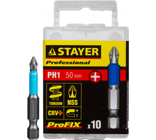 Биты STAYER ″PROFESSIONAL″ ProFix Phillips, тип хвостовика E 1/4″, № 1, L=50мм, 10шт