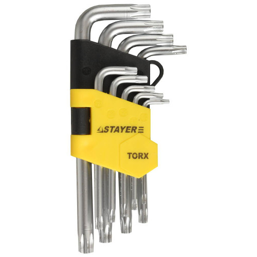 Набор STAYER ″MASTER″: Ключи имбусовые короткие, Cr-V, сатинированное покрытие, пластиковый держатель, Т10-Т50мм, 9 предметов