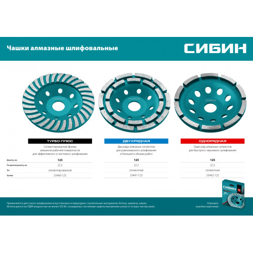 Сегментированная алмазная чашка СИБИН Турбо d 125 мм