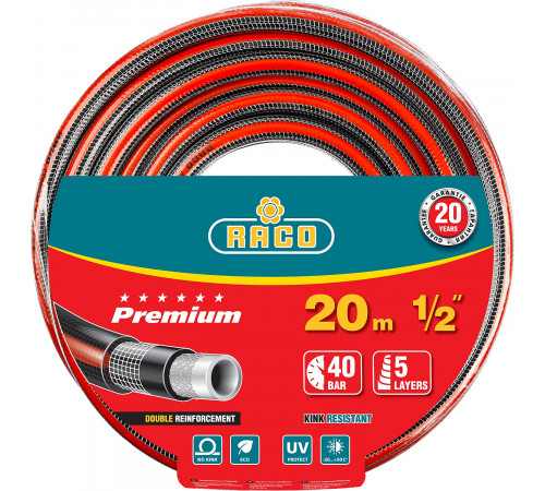 Поливочный шланг RACO PREMIUM 1/2″ 20 м 40 атм пятислойный усиленный двумя слоями армирования