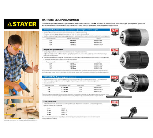 Патрон быстрозажимной STAYER для дрели, 13 мм, посадочная резьба 1/2″, Д 2,0-13мм, пластиковый корпус