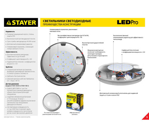 Светильник STAYER ″MASTER″ STARLight светодиодный, влагозащищенный IP54, алюм. корпус, стекло, круг, белый, 4000К, 6(50Вт)