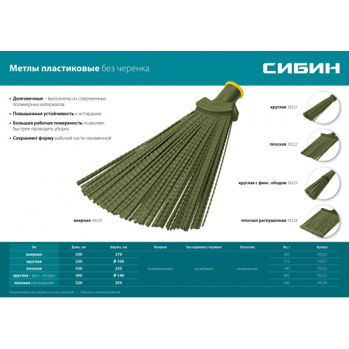 СИБИН 380х260мм, плоская гибкая, полипропилен, коническое резьбовое соединение, пластиковая метла (39222)
