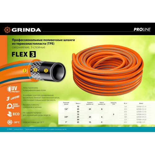 Поливочный шланг GRINDA PROLine FLEX 3 1″ 25 м 15 атм из термоэластопласта трёхслойный армированный