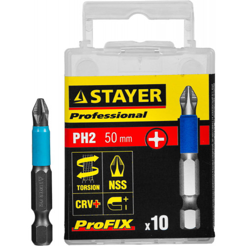 Биты STAYER ″PROFESSIONAL″ ProFix Phillips, тип хвостовика E 1/4″, № 2, L=50мм, 10шт
