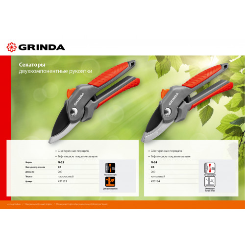 G-22 Секатор с двухкомпонентными рукоятками, плоскостной, 200 мм, GRINDA