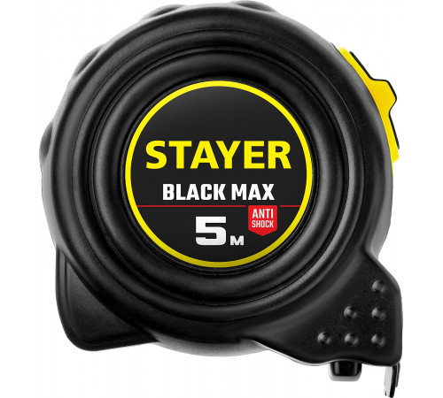 STAYER BlackMax 5м / 25мм рулетка в ударостойком полностью обрезиненном корпусе и двумя фиксаторами