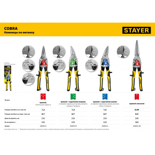 STAYER COBRA Прямые удлинённые ножницы по металлу, 290 мм
