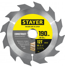 STAYER CONSTRUCT 190 x 30/20мм 12Т, диск пильный по дереву, технический рез