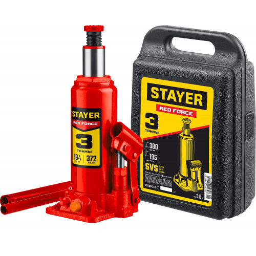 STAYER RED FORCE 3т 194-372мм домкрат бутылочный гидравлический в кейсе