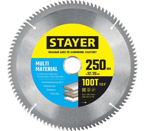 STAYER MULTI MATERIAL 250х32/30мм 100Т, диск пильный по алюминию, супер чистый рез