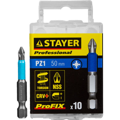 Биты STAYER ″PROFESSIONAL″ ProFix Pozidriv, тип хвостовика E 1/4″, № 1, L=50мм, 10шт