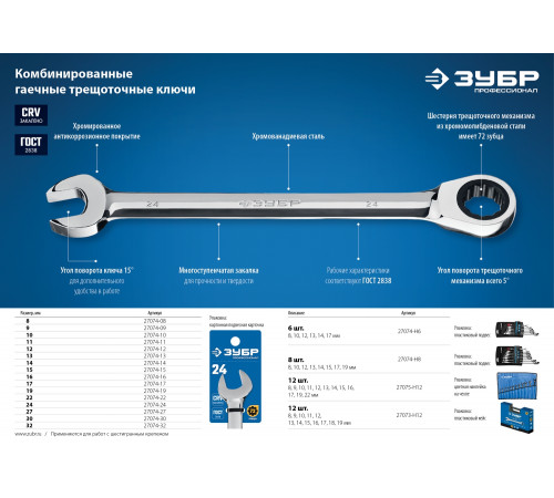 Набор комбинированных гаечных ключей трещоточных 12 шт, 8 - 22 мм, ЗУБР