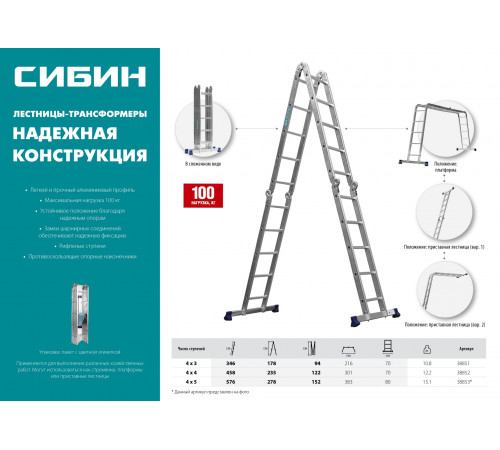 Четырехсекционная лестница-трансформер СИБИН, алюминиевая, 4x3 ступени, ЛТ-43