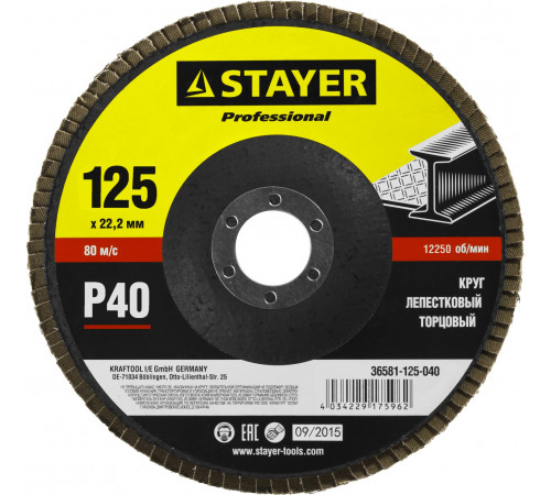 Круг лепестковый торцевой STAYER, 125мм, тип КЛТ 1, P40 Professional